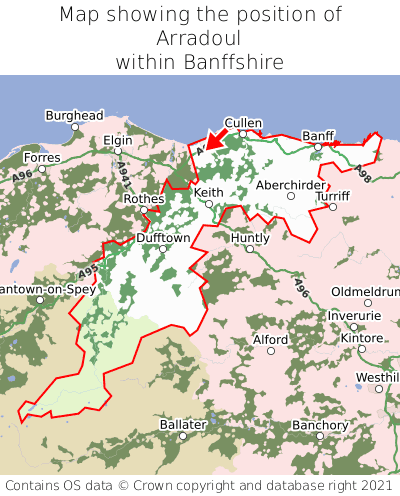 Map showing location of Arradoul within Banffshire