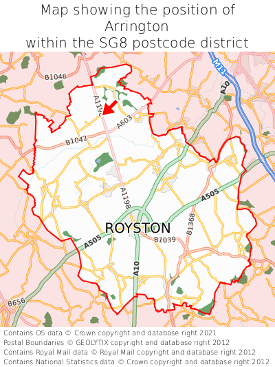 Map showing location of Arrington within SG8