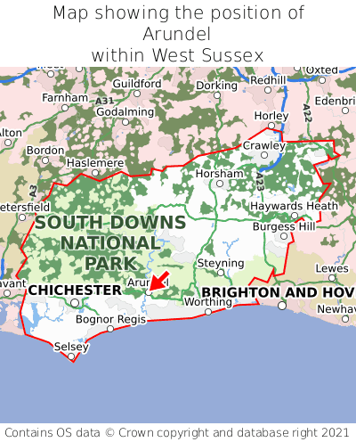Map showing location of Arundel within West Sussex