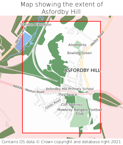 Map showing extent of Asfordby Hill as bounding box