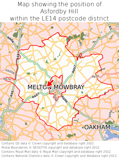 Map showing location of Asfordby Hill within LE14