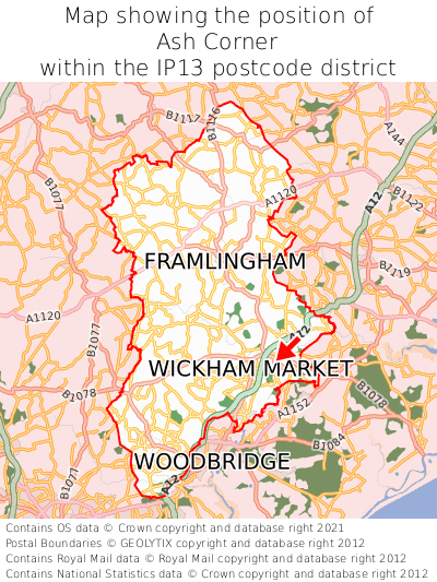 Map showing location of Ash Corner within IP13