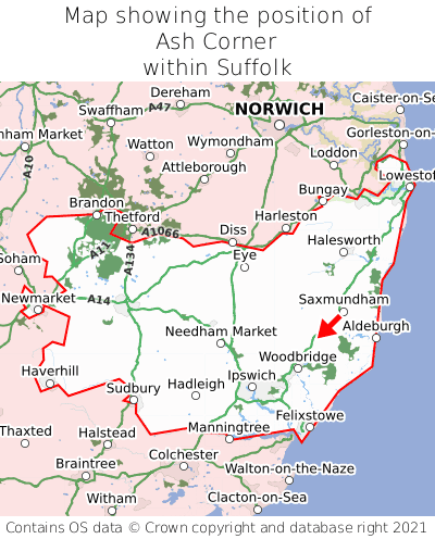 Map showing location of Ash Corner within Suffolk