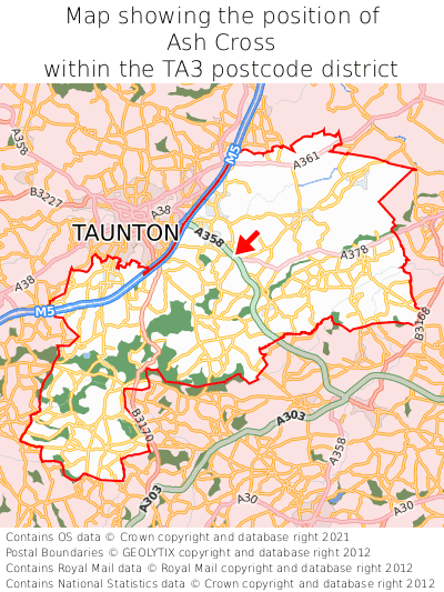 Map showing location of Ash Cross within TA3