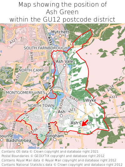 Map showing location of Ash Green within GU12