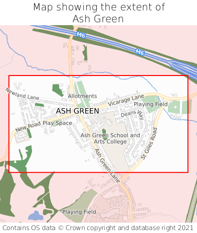 Map showing extent of Ash Green as bounding box