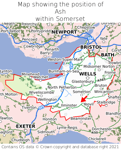 Map showing location of Ash within Somerset