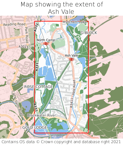 Map showing extent of Ash Vale as bounding box