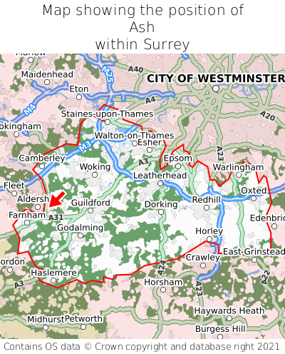 Map showing location of Ash within Surrey