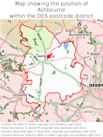 Map showing location of Ashbourne within DE6