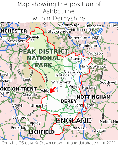 Map showing location of Ashbourne within Derbyshire
