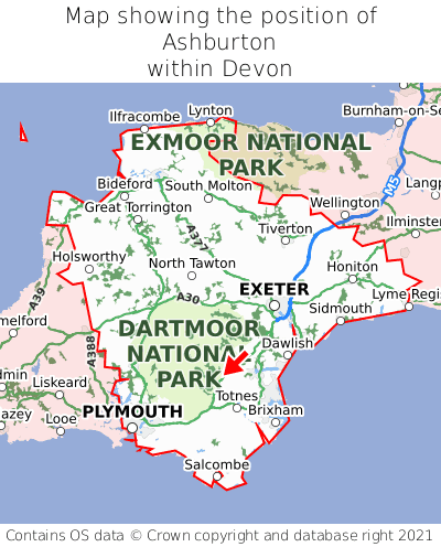 Map showing location of Ashburton within Devon