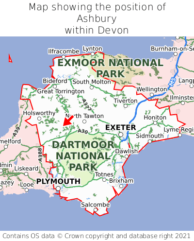 Map showing location of Ashbury within Devon