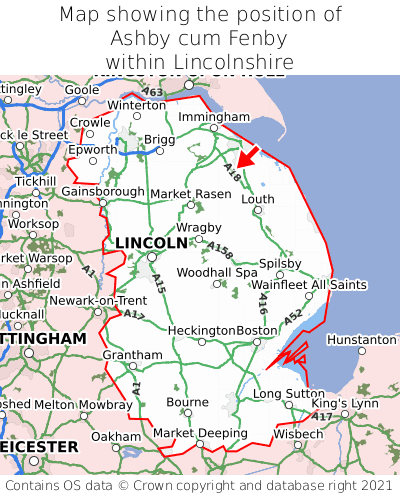 Map showing location of Ashby cum Fenby within Lincolnshire