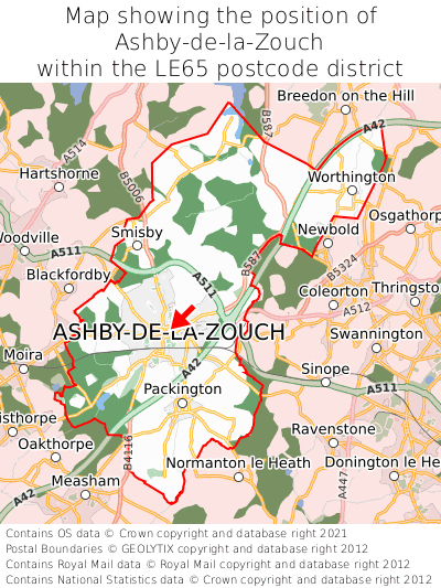 Map showing location of Ashby-de-la-Zouch within LE65