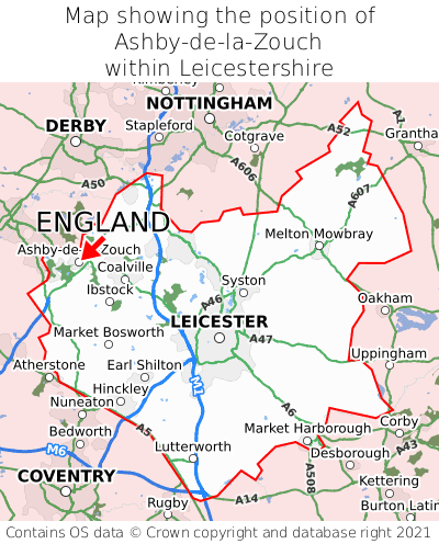 Map showing location of Ashby-de-la-Zouch within Leicestershire