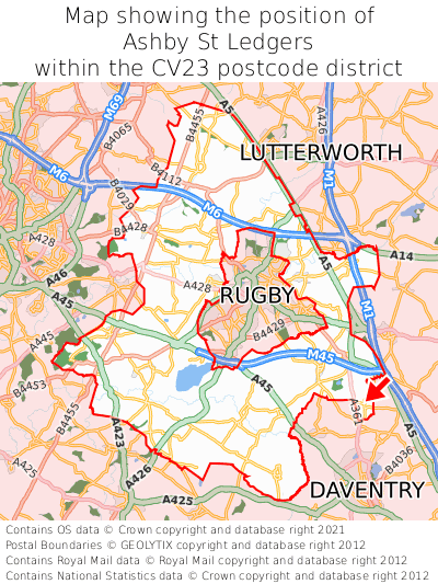 Map showing location of Ashby St Ledgers within CV23