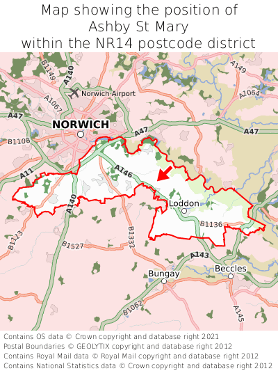 Map showing location of Ashby St Mary within NR14