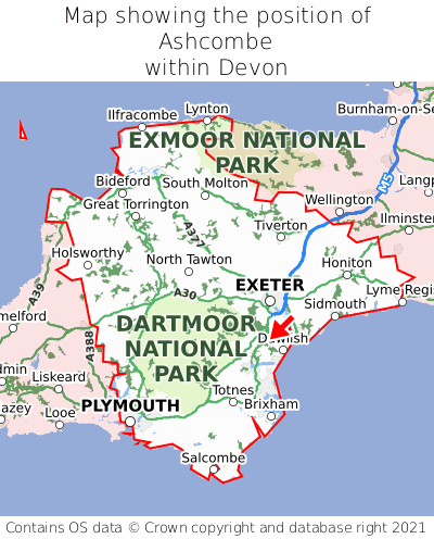 Map showing location of Ashcombe within Devon
