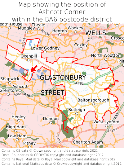 Map showing location of Ashcott Corner within BA6