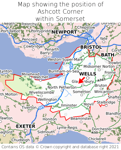 Map showing location of Ashcott Corner within Somerset