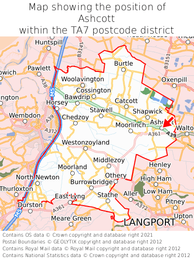 Map showing location of Ashcott within TA7