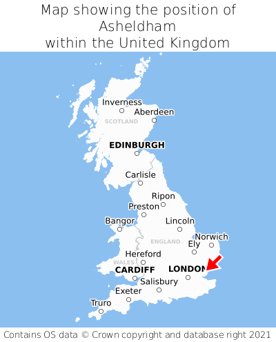 Map showing location of Asheldham within the UK