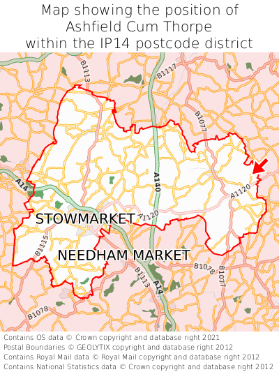 Map showing location of Ashfield Cum Thorpe within IP14