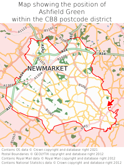 Map showing location of Ashfield Green within CB8