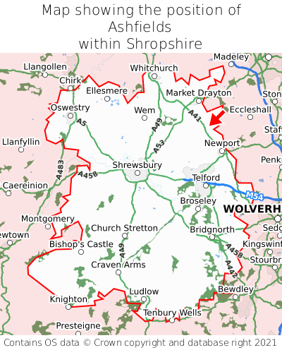 Map showing location of Ashfields within Shropshire