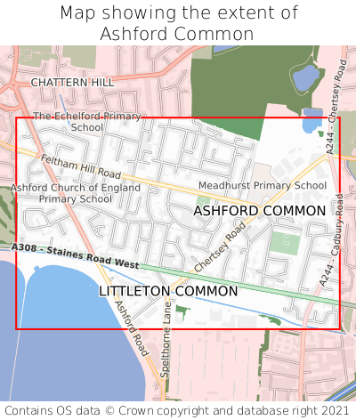 Map showing extent of Ashford Common as bounding box