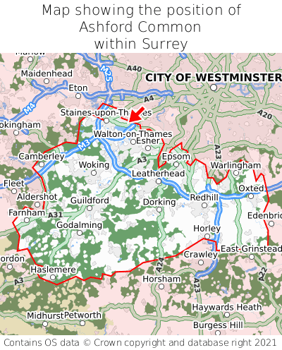 Map showing location of Ashford Common within Surrey