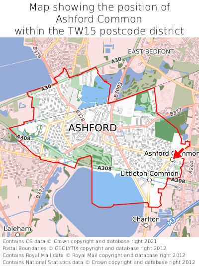 Map showing location of Ashford Common within TW15