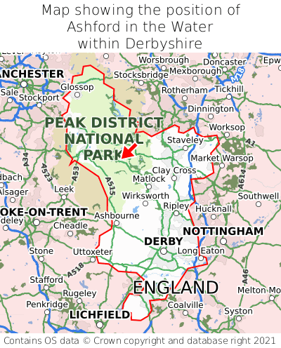 Map showing location of Ashford in the Water within Derbyshire