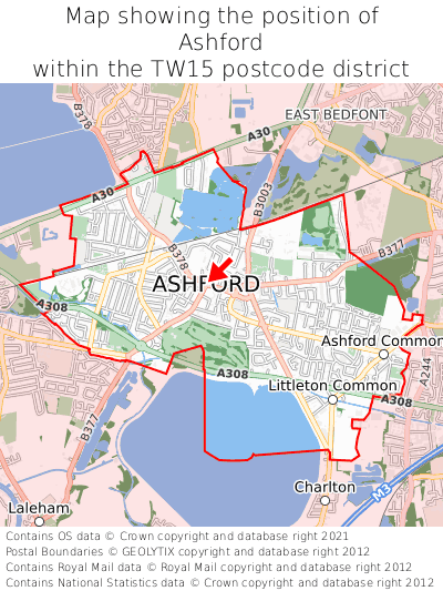 Map showing location of Ashford within TW15