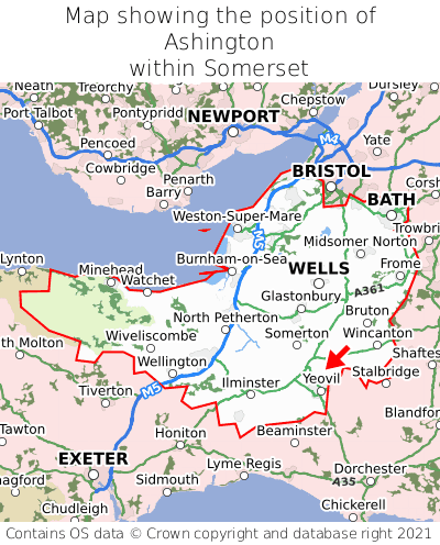 Map showing location of Ashington within Somerset