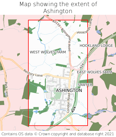 Map showing extent of Ashington as bounding box