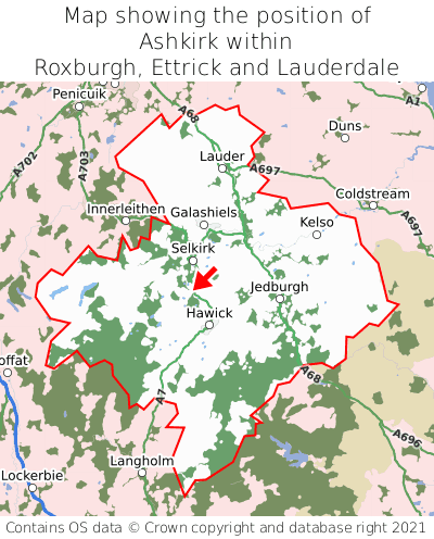 Map showing location of Ashkirk within Roxburgh, Ettrick and Lauderdale