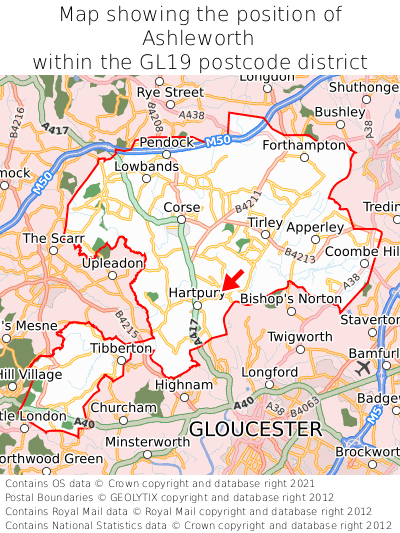 Map showing location of Ashleworth within GL19