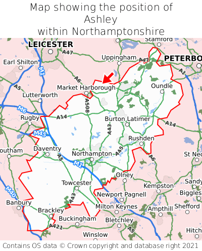 Map showing location of Ashley within Northamptonshire