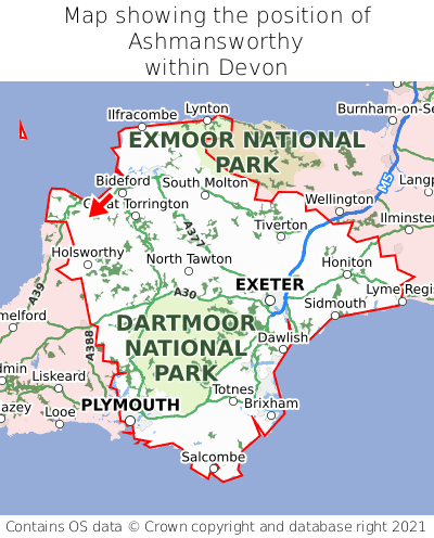 Map showing location of Ashmansworthy within Devon