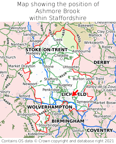 Map showing location of Ashmore Brook within Staffordshire