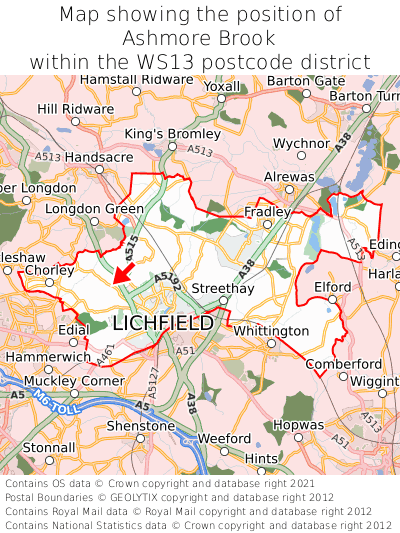 Map showing location of Ashmore Brook within WS13