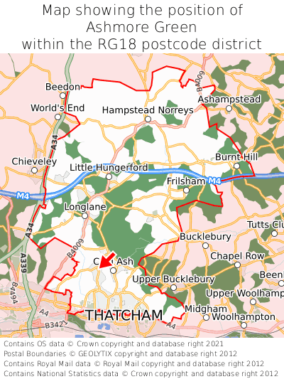 Map showing location of Ashmore Green within RG18