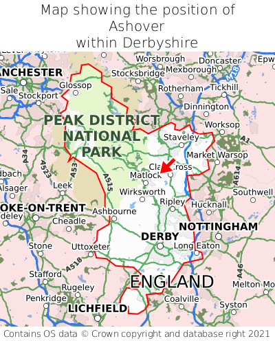 Map showing location of Ashover within Derbyshire