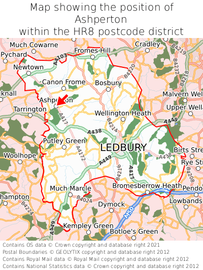 Map showing location of Ashperton within HR8