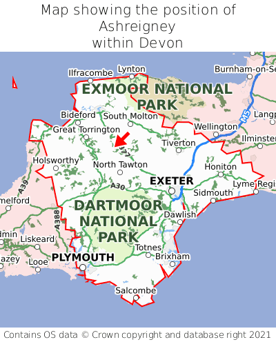 Map showing location of Ashreigney within Devon
