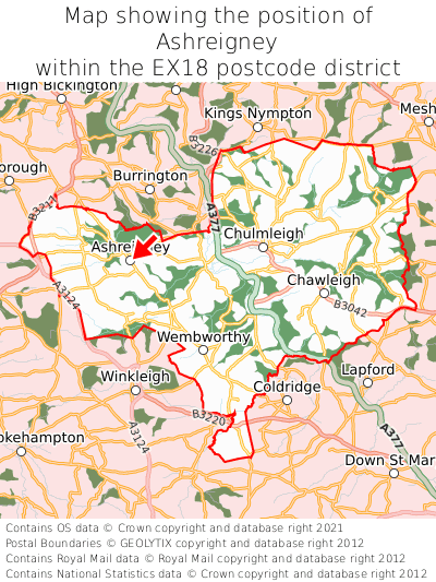Map showing location of Ashreigney within EX18