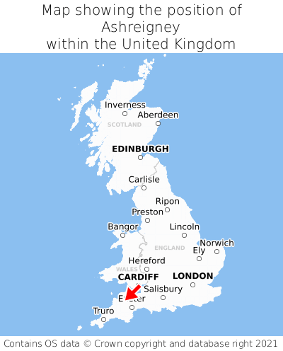 Map showing location of Ashreigney within the UK