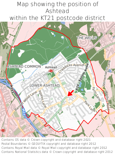 Map showing location of Ashtead within KT21